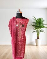 All over Rayon printed Unstitched Suit Dress Material with lace on neck, and Shiffon Dupatta