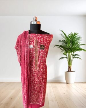 All over Rayon printed Unstitched Suit Dress Material with lace on neck, and Shiffon Dupatta