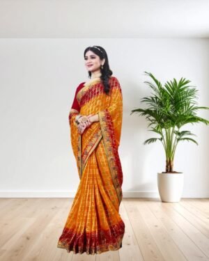 Jaipuri/Bandhej Printed Saree with Stone work and border lace with Unstitched Blouse Piece