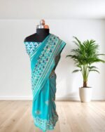 Georgette Printed Saree with Siroski work and lace with Unstitched Blouse Piece