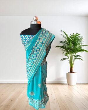 Georgette Printed Saree with Siroski work and lace with Unstitched Blouse Piece